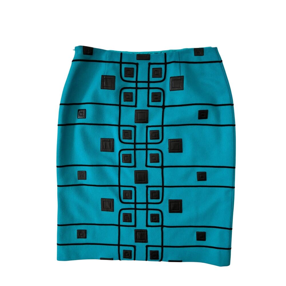 Carlisle Skirt Pencil Wool Blend Turquoise Black Geometric Raised Pattern Size 8 - Picture 2 of 7